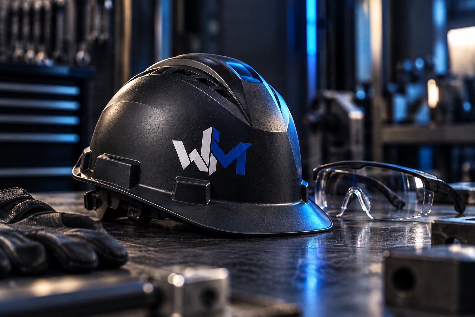 Mockup conceitual de capacete grafite com a marca WM e óculos de proteção