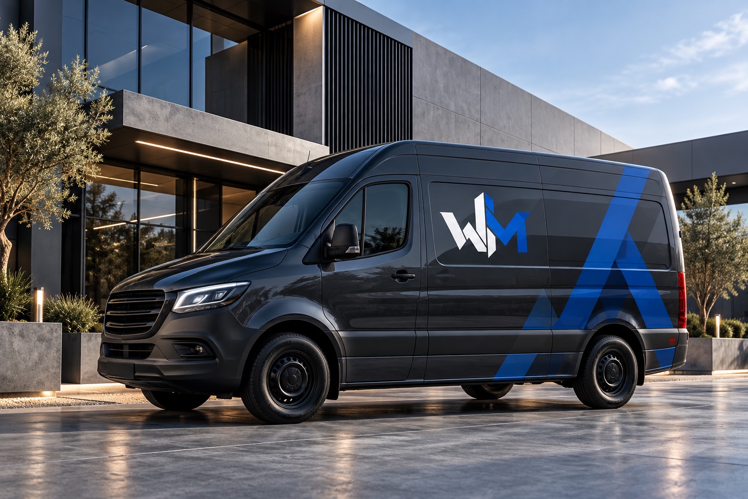 Mockup conceitual de veículo de atendimento grafite com identidade WM azul e branca