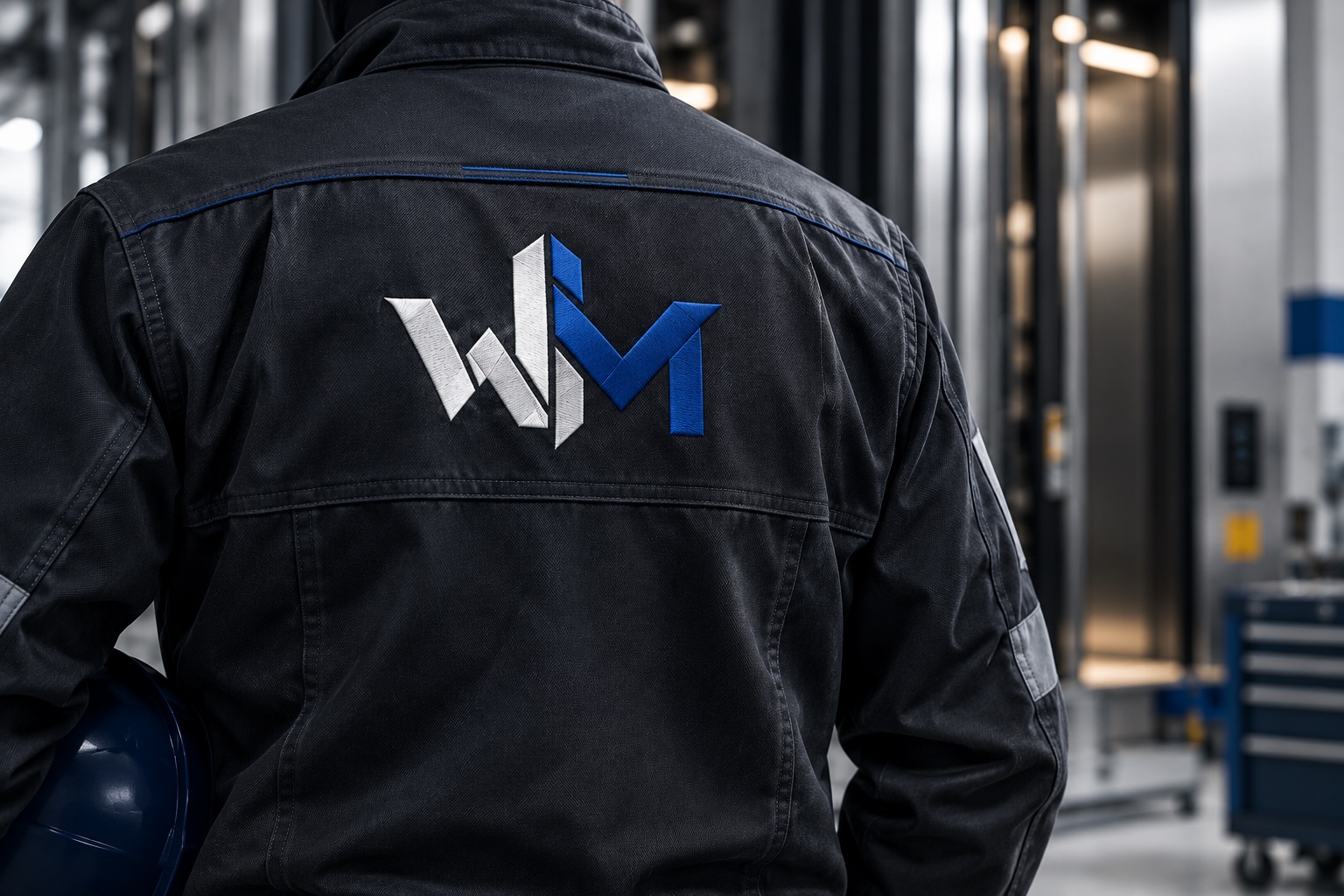 Mockup conceitual de uniforme grafite com símbolo WM nas costas