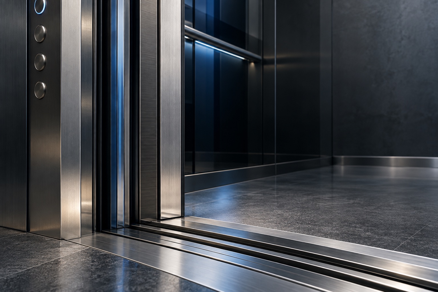 Detalhe de acabamento metálico e soleira de elevador