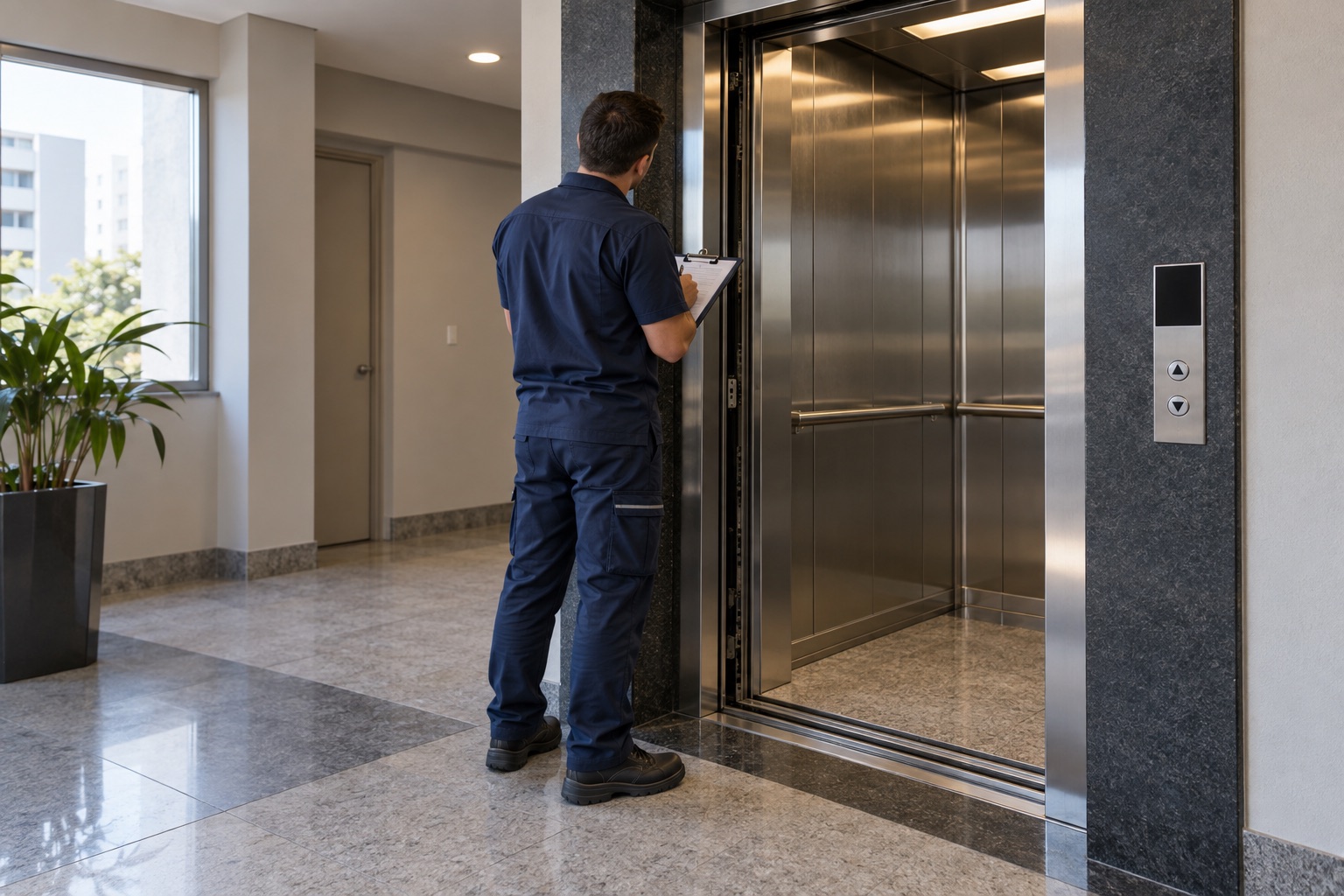 Cena ilustrativa de avaliação de elevador por um técnico, gerada por IA